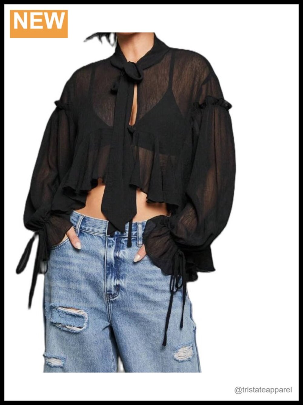 Women's Sheer Mesh Ruffle Top Long Sleeve Blouse Flowy